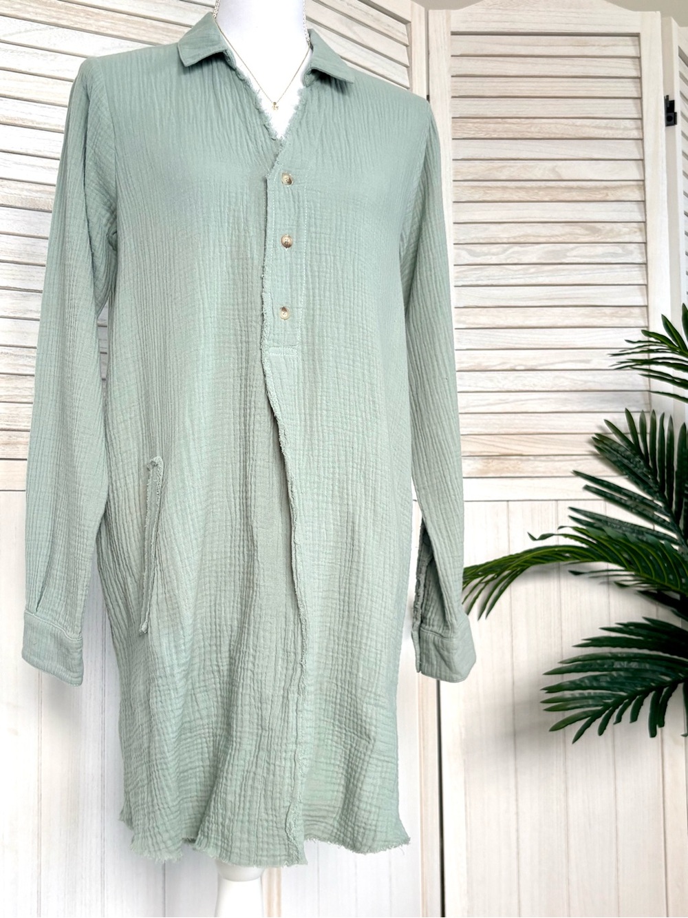 Hem & Thread Sage Green Cotton Gauze Tunic Dress Small Coastal Boho Shirt Dress